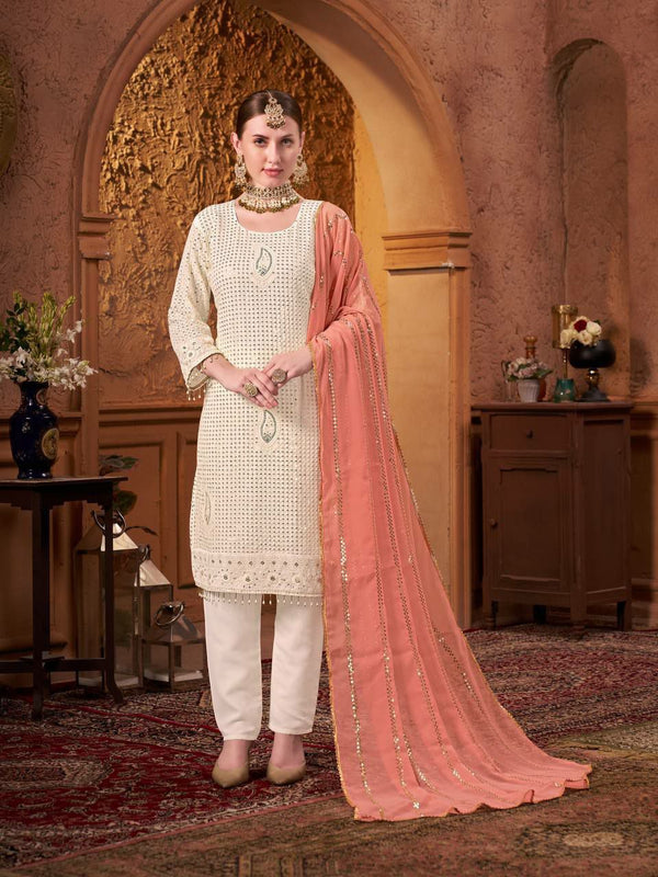 Prazu Fashion Off White Georgette Embroidered Salwar Suit