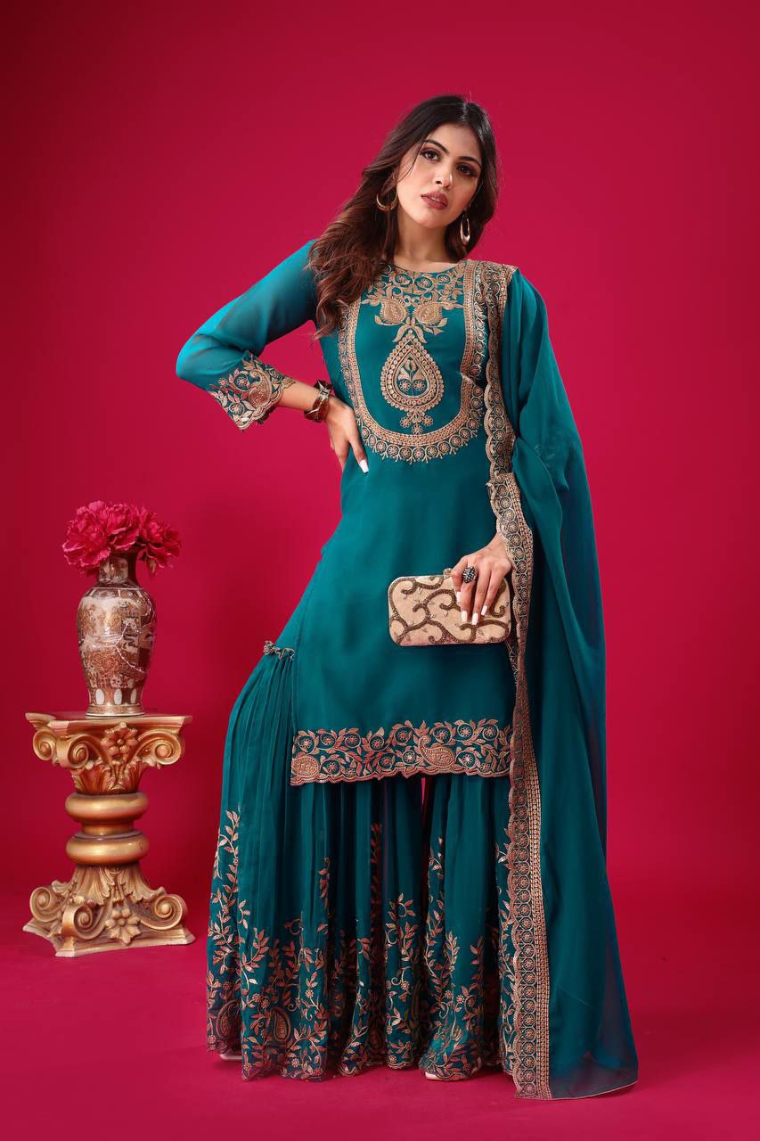 Prazu Fashion Turquoise Georgette Embroidered Palazzo Suit