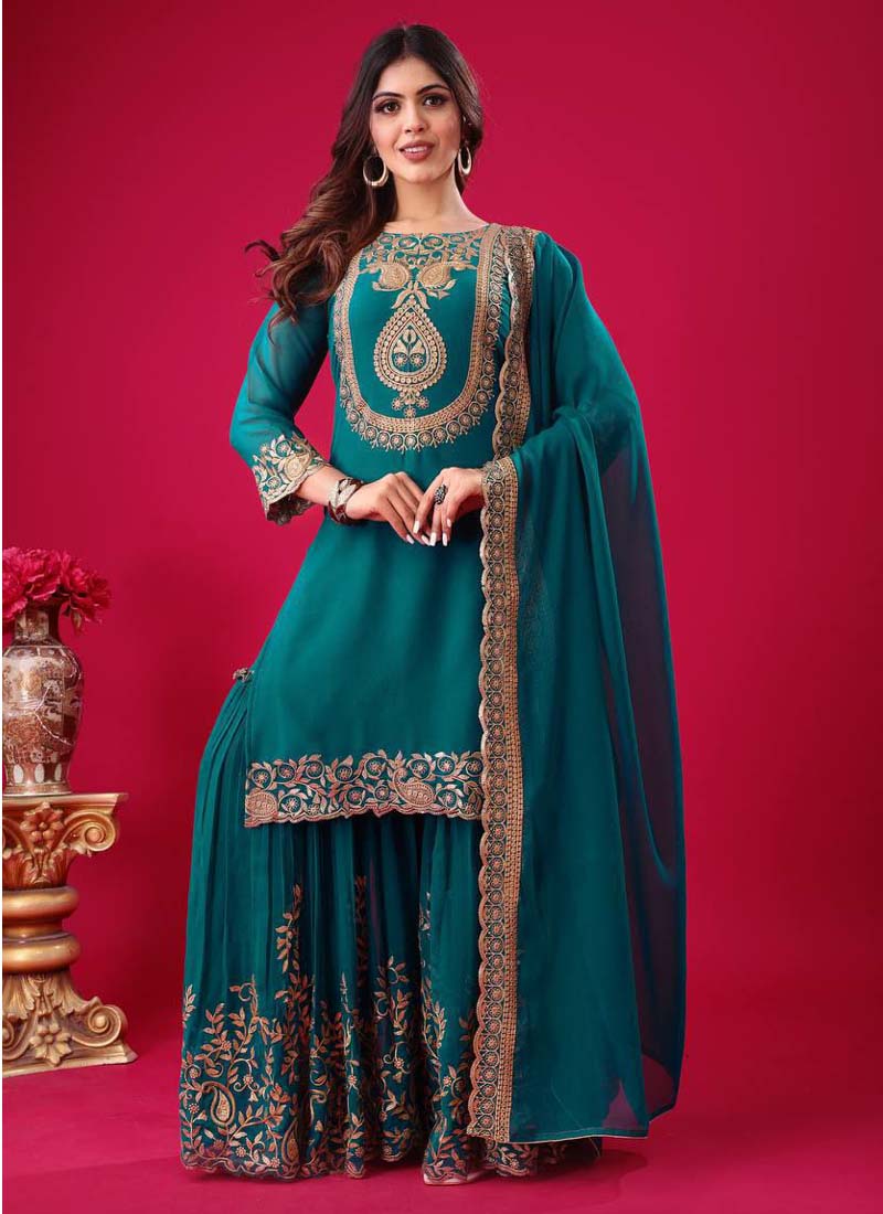 Prazu Fashion Turquoise Georgette Embroidered Palazzo Suit