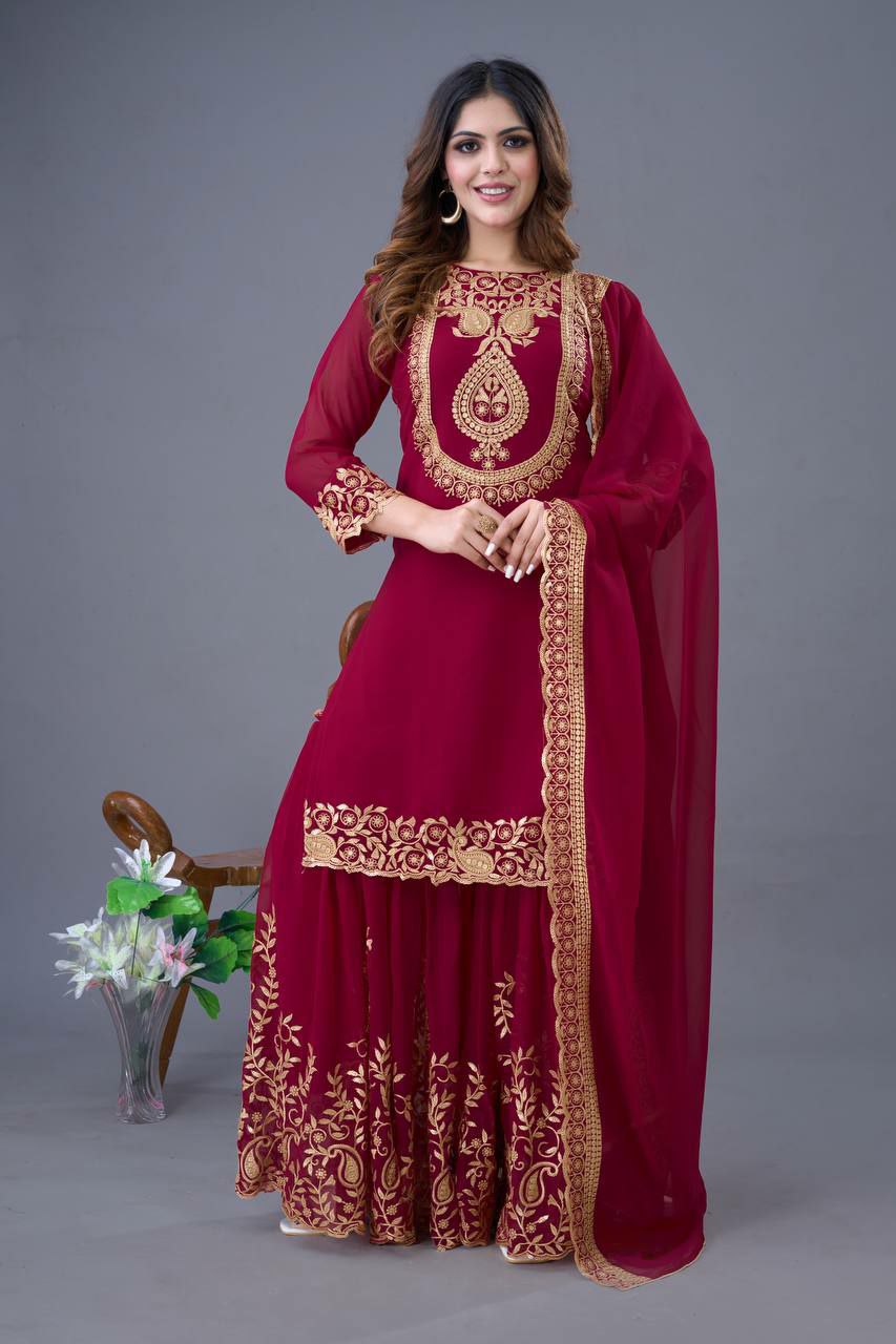Prazu Fashion Wine Georgette Embroidered Palazzo Suit
