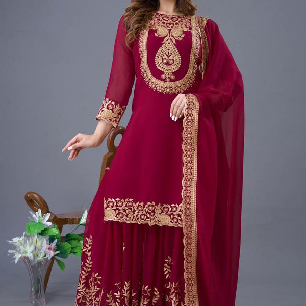 Prazu Fashion Wine Georgette Embroidered Palazzo Suit