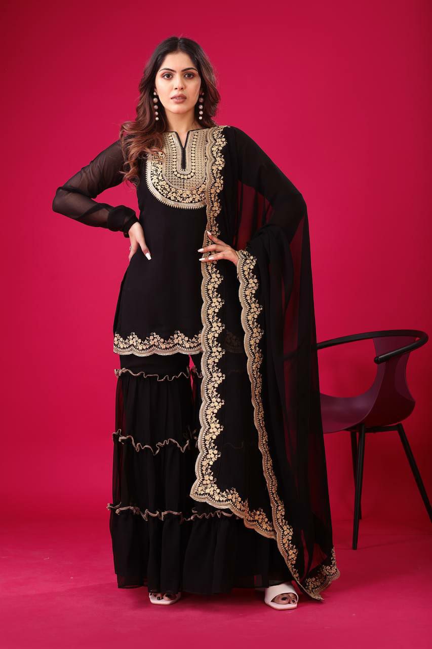 Prazu Fashion Black Georgette Embroidered Plazzo Suit