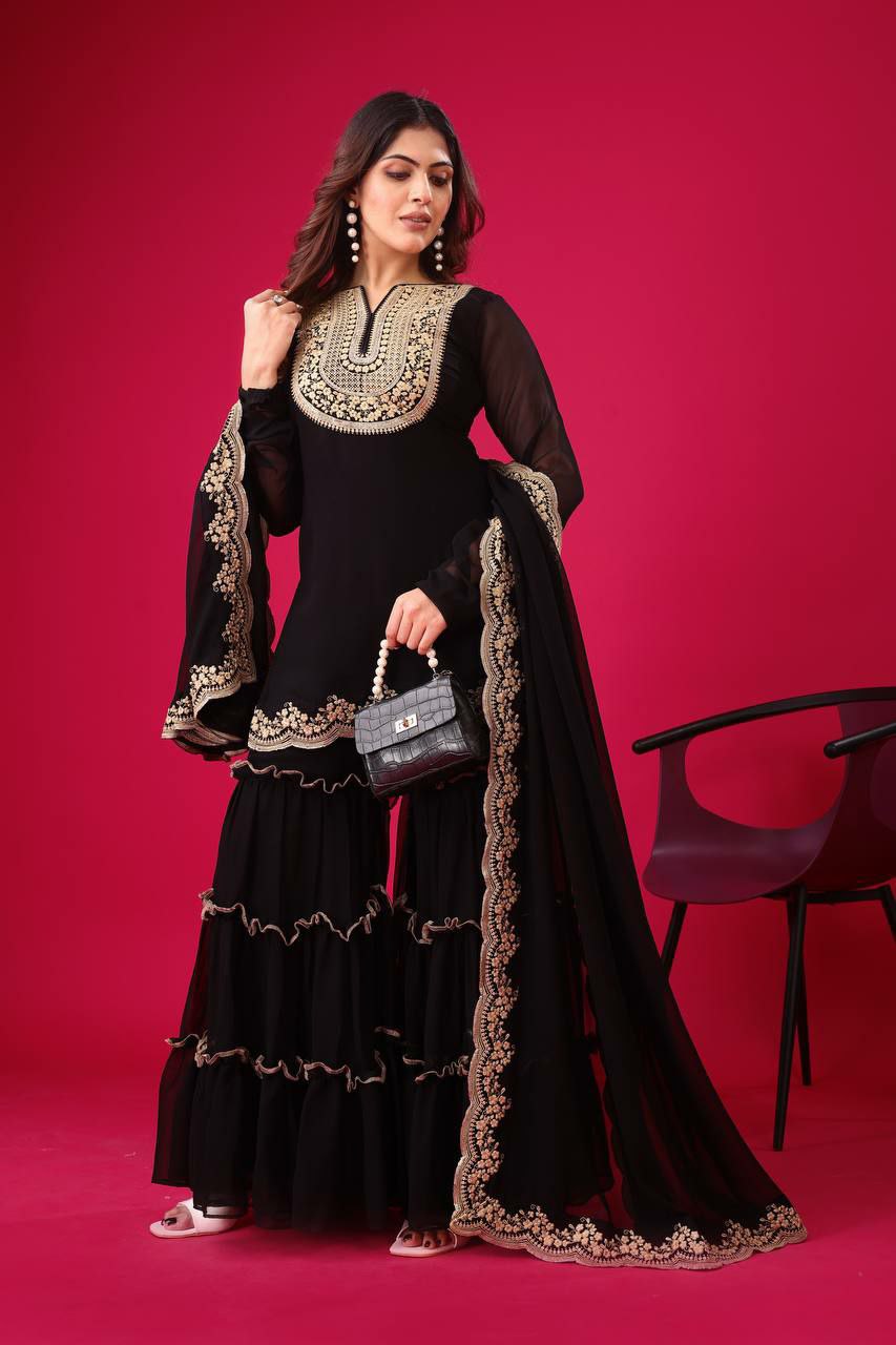 Prazu Fashion Black Georgette Embroidered Plazzo Suit