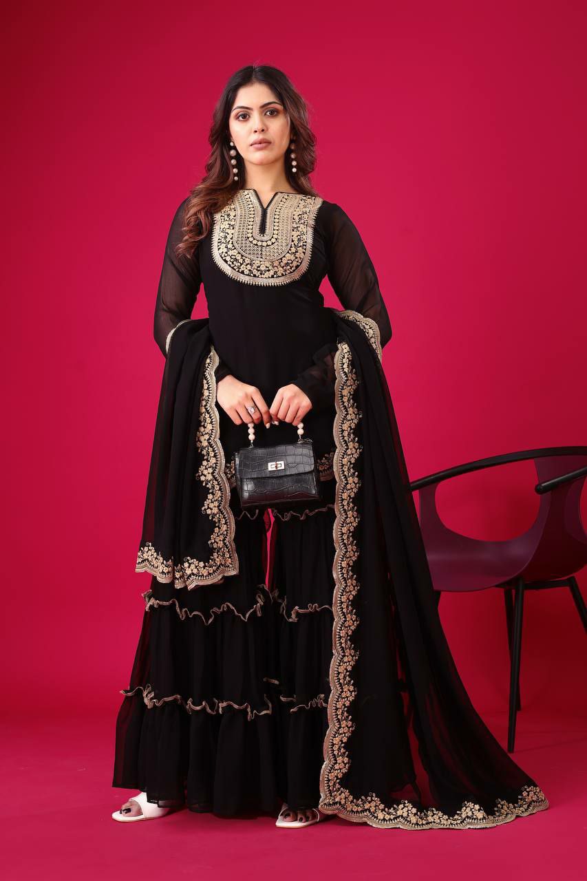 Prazu Fashion Black Georgette Embroidered Plazzo Suit