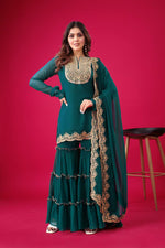Thumbnail for Prazu Fashion Royal Blue Georgette Embroidered Palazzo Suit