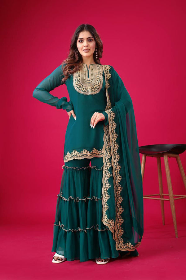 Prazu Fashion Royal Blue Georgette Embroidered Palazzo Suit