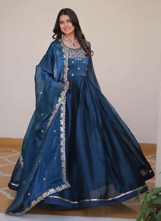 Prazu Fashion Blue Silk Embroidered Designer Gown