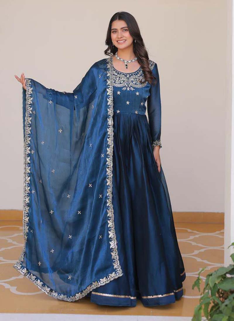 Prazu Fashion Blue Silk Embroidered Designer Gown - Distacart