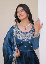 Thumbnail for Prazu Fashion Blue Silk Embroidered Designer Gown