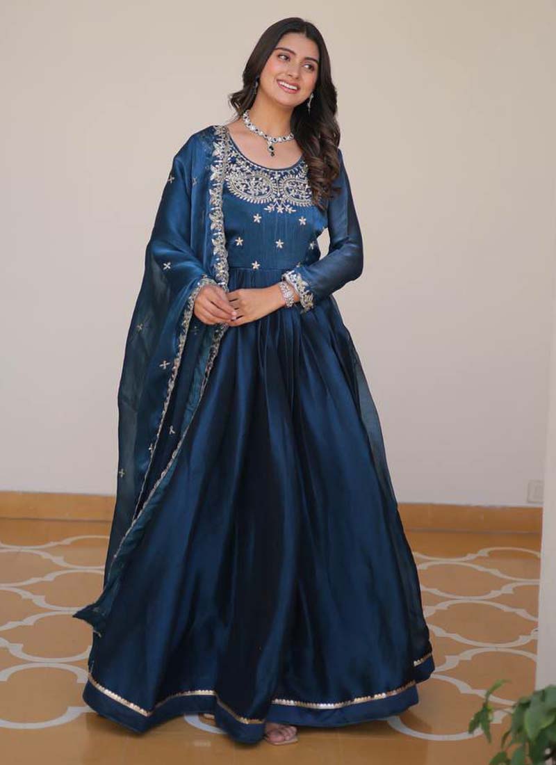 Prazu Fashion Blue Silk Embroidered Designer Gown
