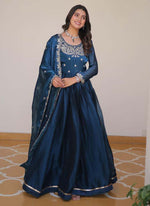 Thumbnail for Prazu Fashion Blue Silk Embroidered Designer Gown
