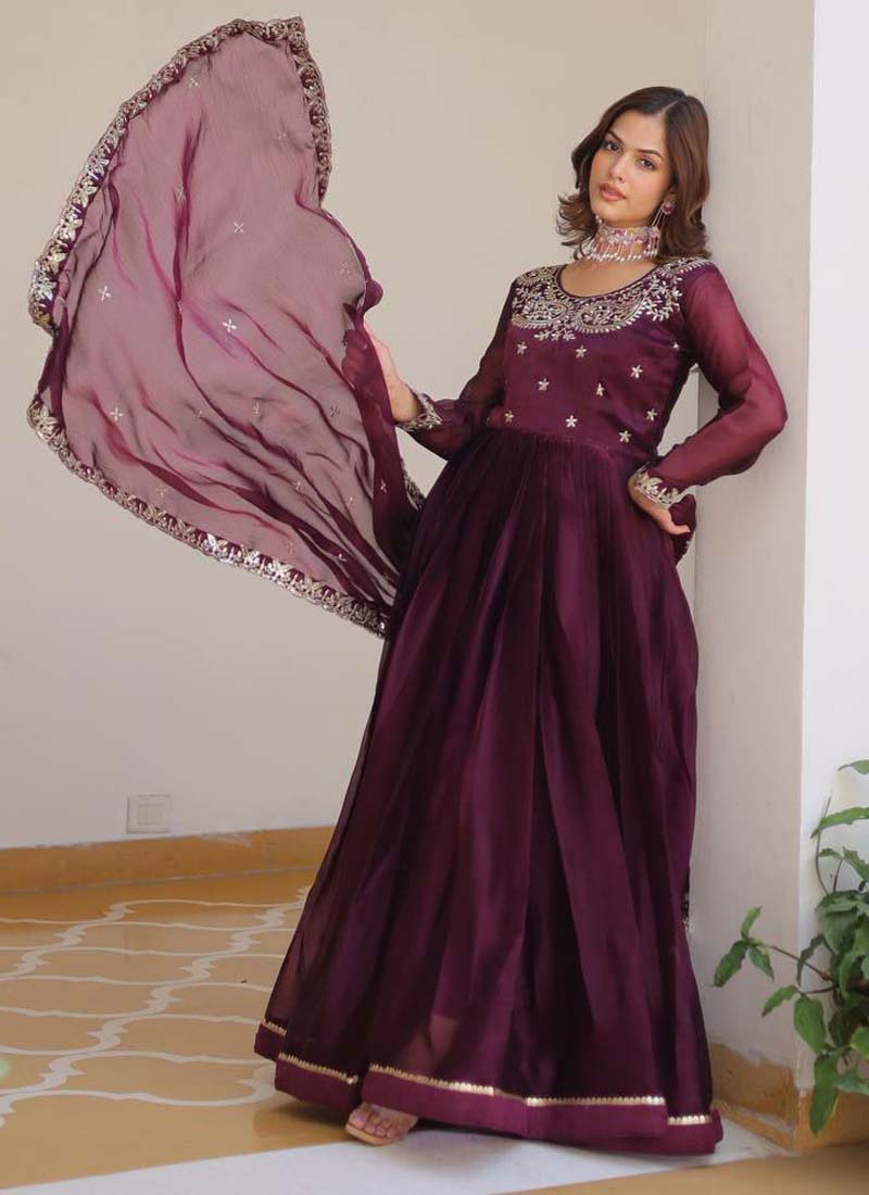 Prazu Fashion Violet Silk Embroidered Designer Gown - Distacart