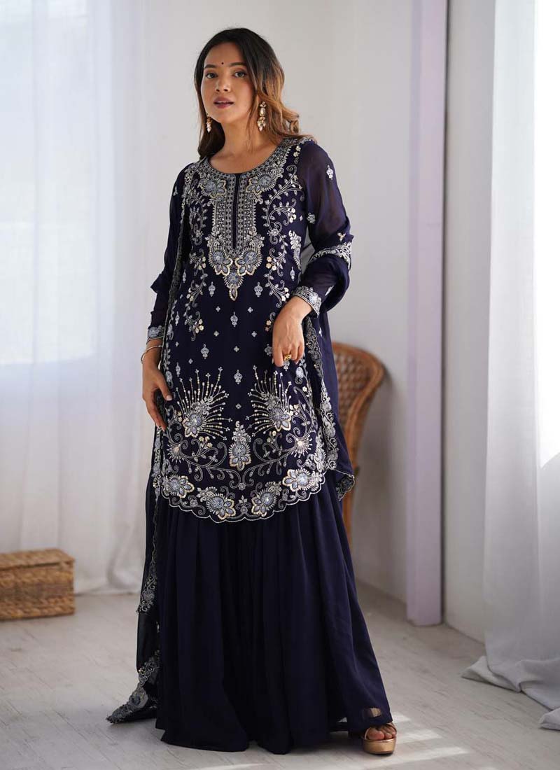 Prazu Fashion Blue Georgette Sequence Sharara Suit