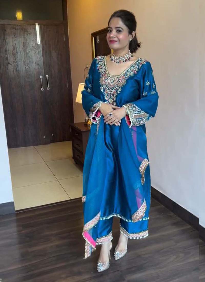 Prazu Fashion Royal Blue Vichitra Silk Embroidered Salwar Suit - Distacart