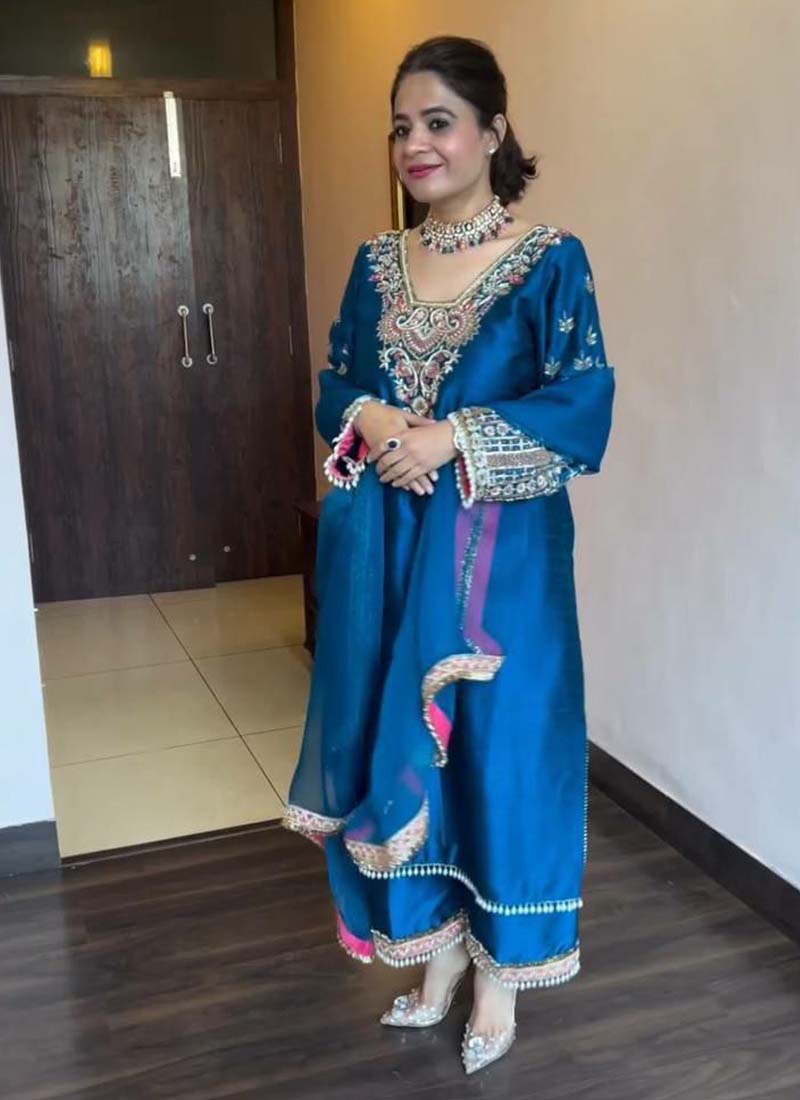 Prazu Fashion Royal Blue Vichitra Silk Embroidered Salwar Suit - Distacart
