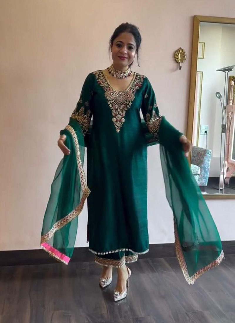 Prazu Fashion Green Vichitra Silk Embroidered Salwar Suit - Distacart
