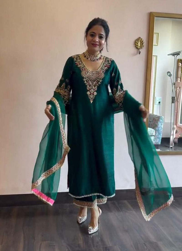 Prazu Fashion Green Vichitra Silk Embroidered Salwar Suit