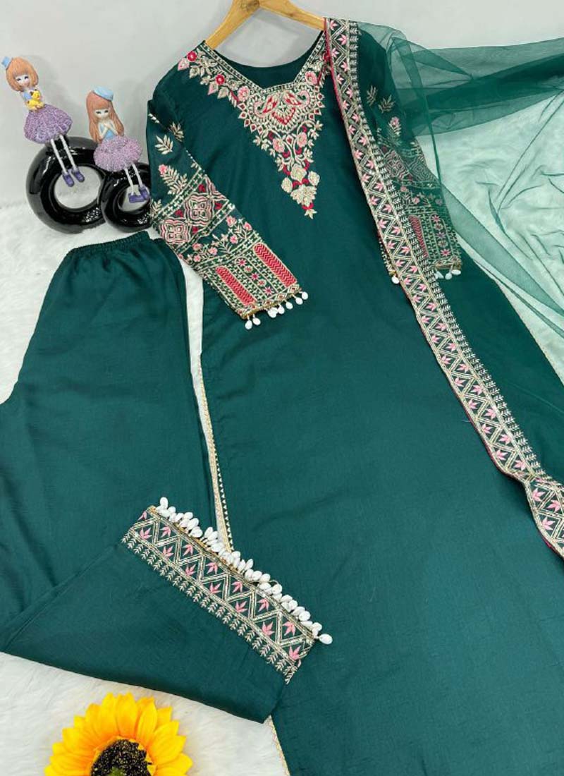 Prazu Fashion Green Vichitra Silk Embroidered Salwar Suit