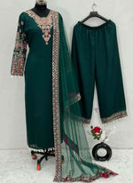 Thumbnail for Prazu Fashion Green Vichitra Silk Embroidered Salwar Suit