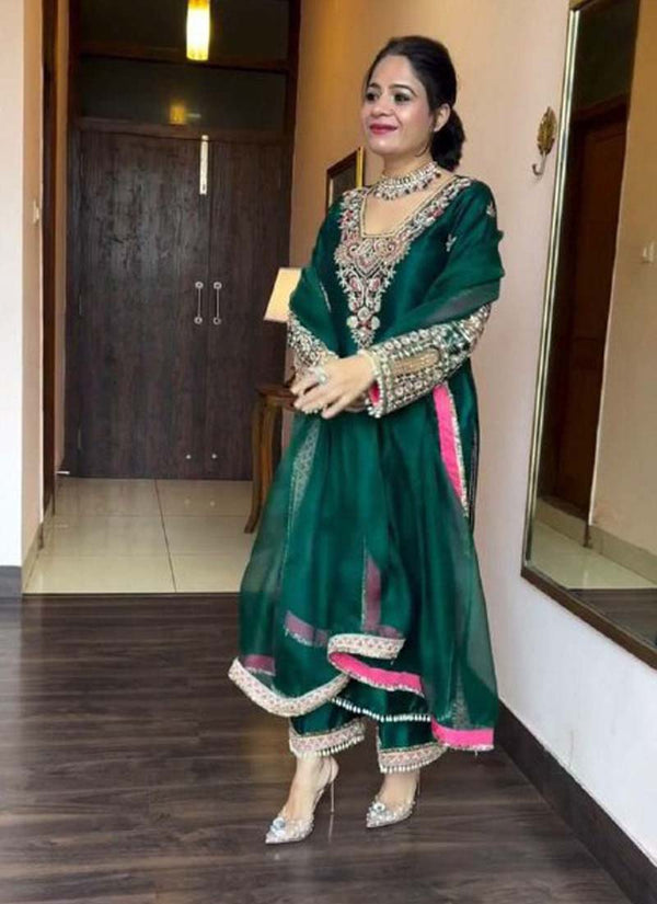 Prazu Fashion Green Vichitra Silk Embroidered Salwar Suit