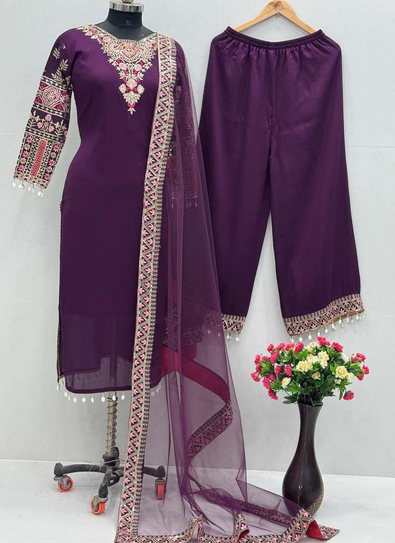 Prazu Fashion Violet Vichitra Silk Embroidered Salwar Suit - Distacart