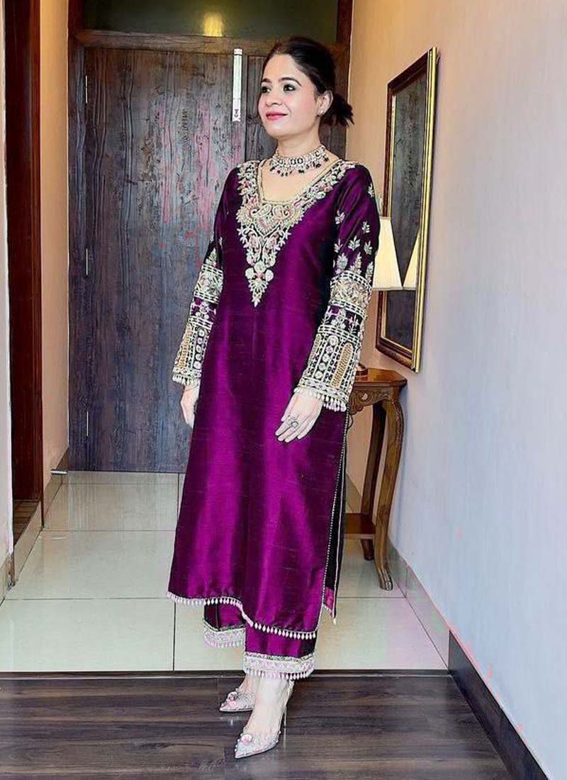 Prazu Fashion Violet Vichitra Silk Embroidered Salwar Suit - Distacart