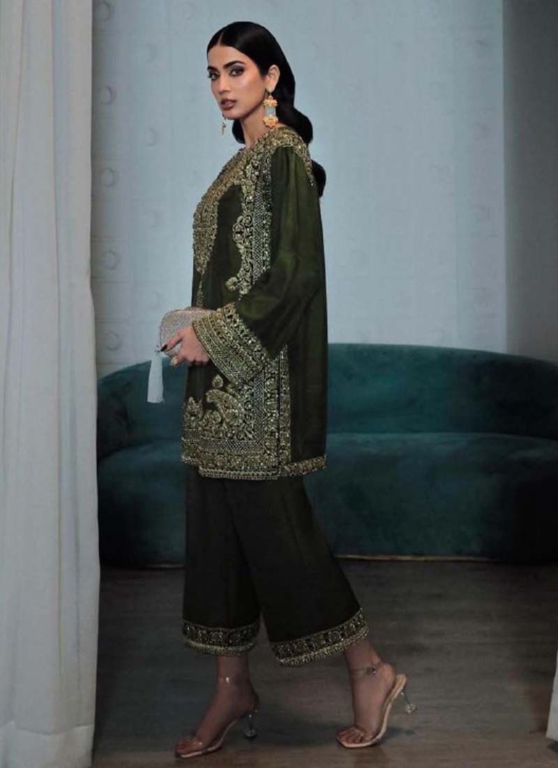 Prazu Fashion Mahendi Chinon Silk Embroidered Palazzo Suit