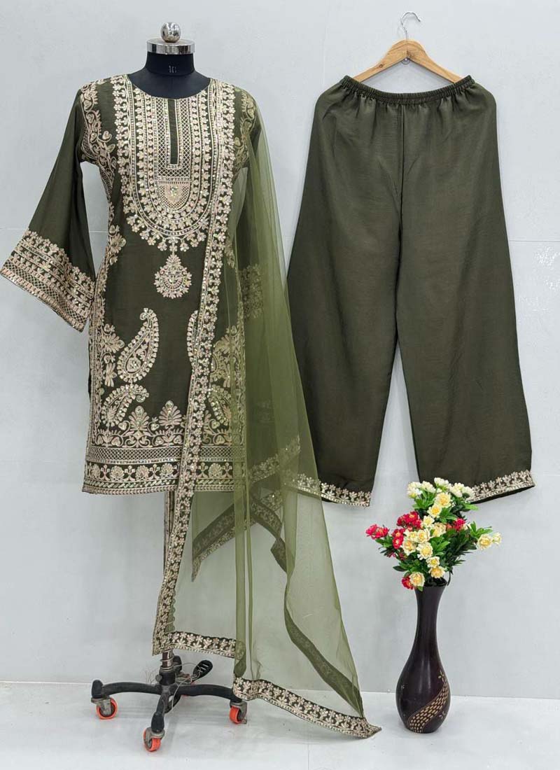 Prazu Fashion Mahendi Chinon Silk Embroidered Palazzo Suit