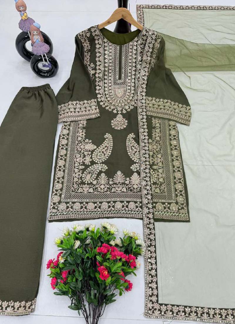 Prazu Fashion Mahendi Chinon Silk Embroidered Palazzo Suit