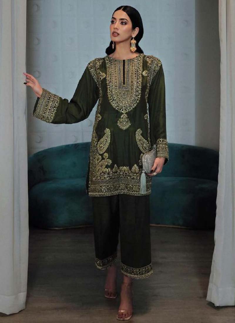 Prazu Fashion Mahendi Chinon Silk Embroidered Palazzo Suit