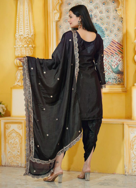 Prazu Fashion Black Chinon Silk Embroiderd Dhoti Suit