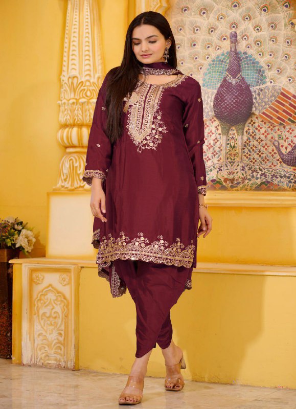 Prazu Fashion Maroon Chinon Silk Embroiderd Dhoti Suit