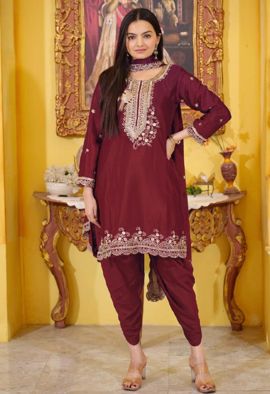 Prazu Fashion Maroon Chinon Silk Embroiderd Dhoti Suit