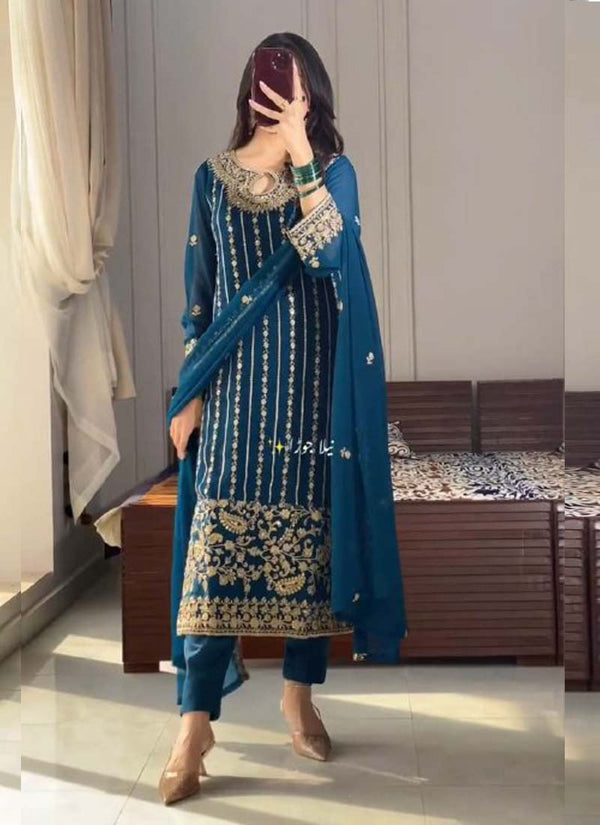 Prazu Fashion Firozi Chinon Silk Embroidered Salwar Suit