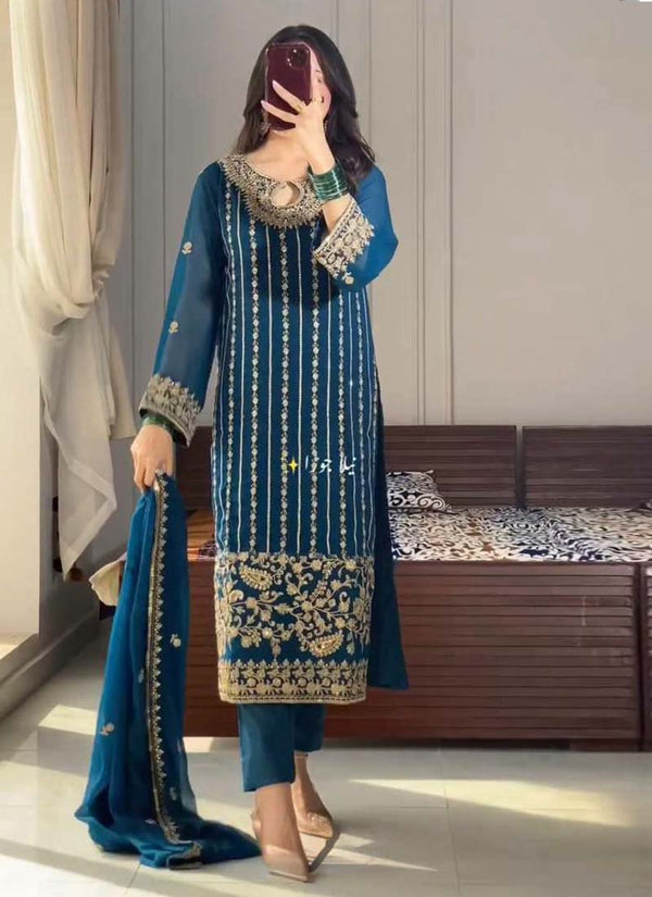 Prazu Fashion Firozi Chinon Silk Embroidered Salwar Suit
