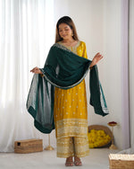 Thumbnail for Prazu Fashion Yellow Chinon Silk Embroidered Salwar Suit