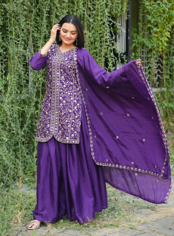 Prazu Fashion Violet Chinon Silk Embroidered Sharara Suit