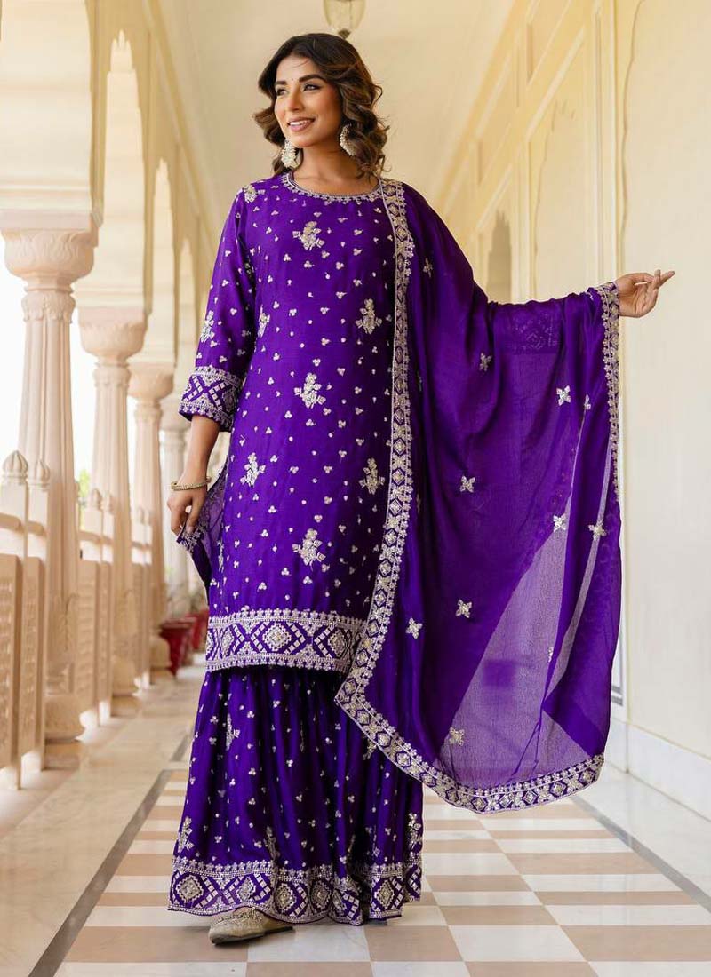 Prazu Fashion Violet Chinon Silk Sequence Sharara Suit