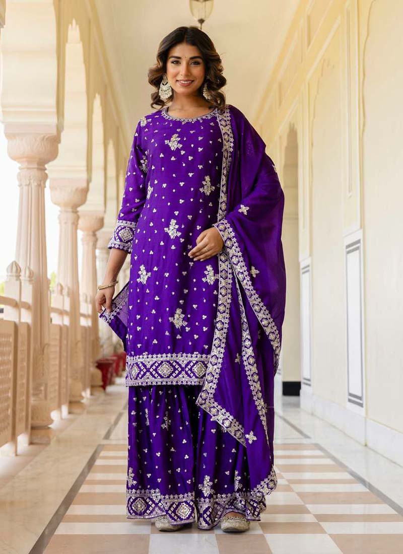 Prazu Fashion Violet Chinon Silk Sequence Sharara Suit