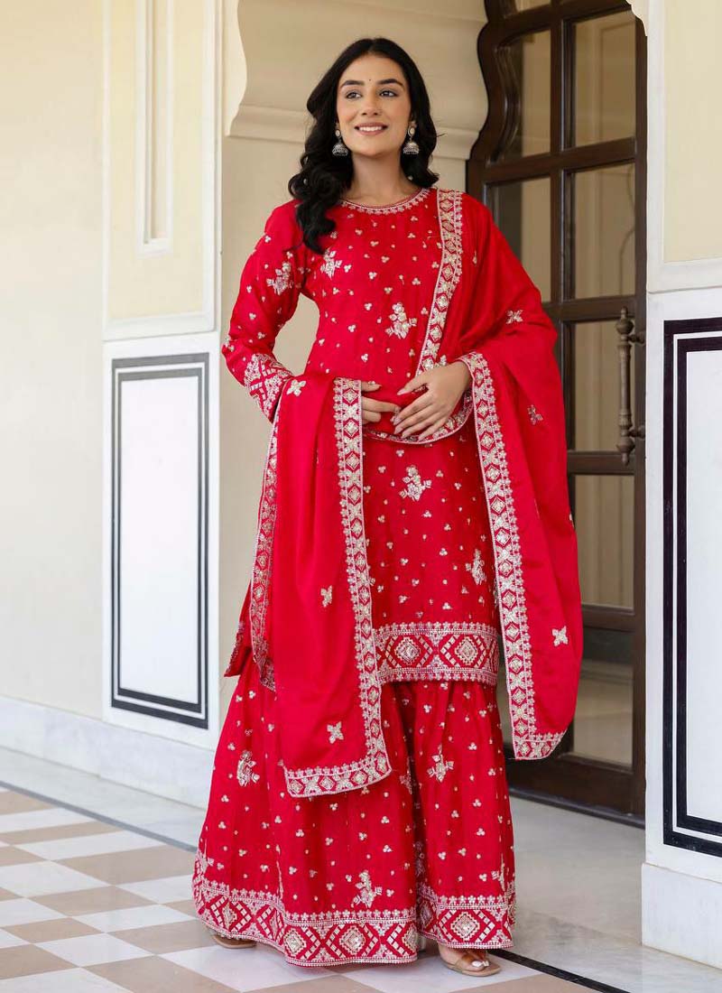 Prazu Fashion Red Chinon Silk Sequence Sharara Suit