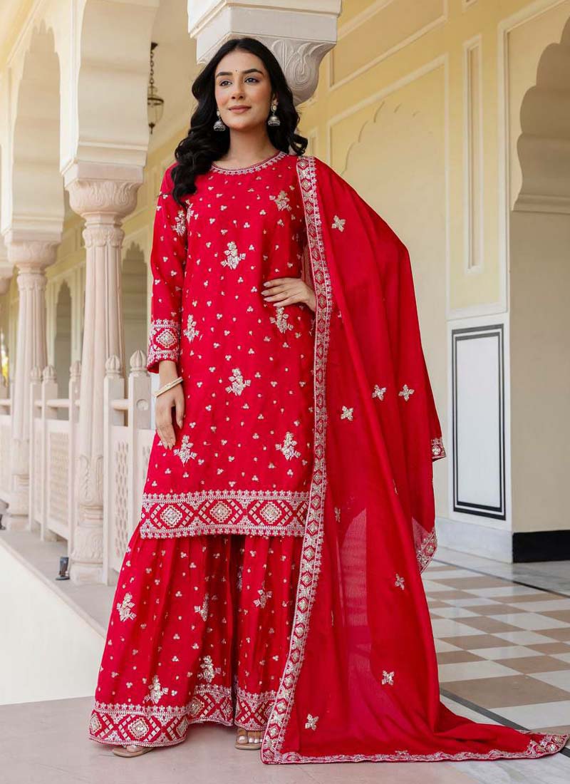 Prazu Fashion Red Chinon Silk Sequence Sharara Suit