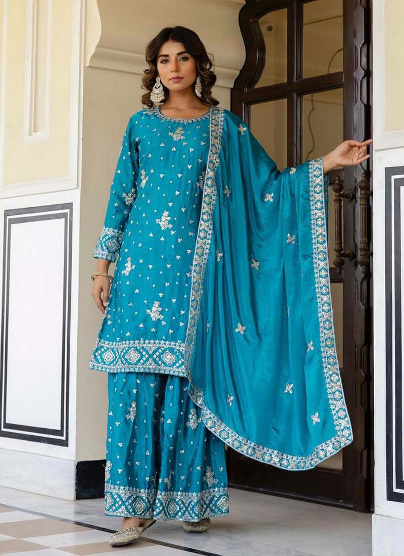 Prazu Fashion Teal Blue Chinon Silk Sequence Sharara Suit