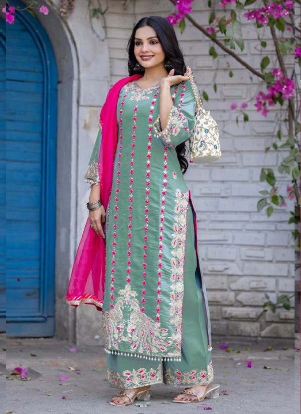Prazu Fashion Sea Green Roman Silk Embroidered Salwar Suit