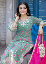 Thumbnail for Prazu Fashion Sea Green Roman Silk Embroidered Salwar Suit