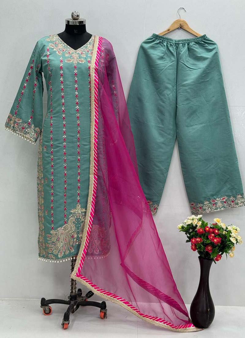 Prazu Fashion Sea Green Roman Silk Embroidered Salwar Suit