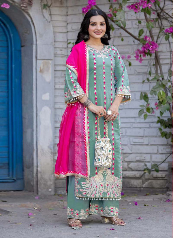 Prazu Fashion Sea Green Roman Silk Embroidered Salwar Suit