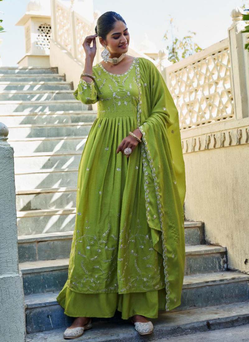 Prazu Fashion Parrot Green Chinon Silk Embroidered Nayra Cut Sharara Suit