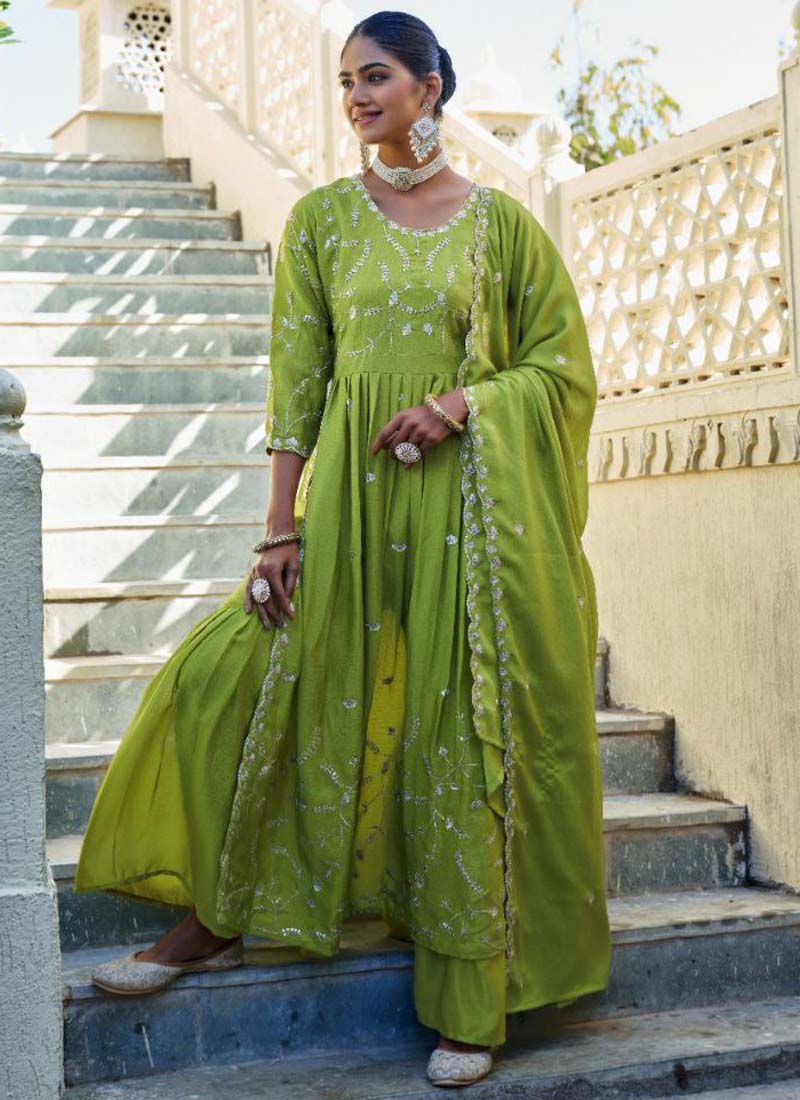 Prazu Fashion Parrot Green Chinon Silk Embroidered Nayra Cut Sharara Suit - Distacart
