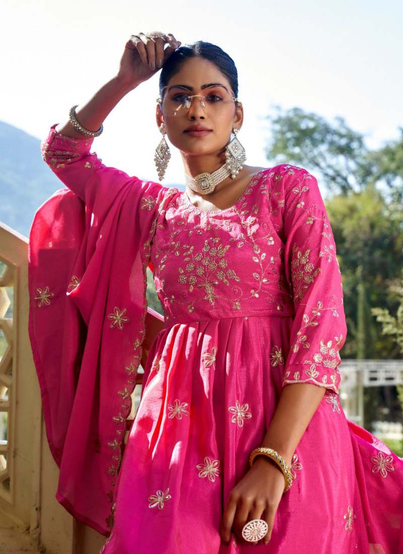 Prazu Fashion Rani Pink Chinon Silk Embroidered Nayra Cut Sharara Suit