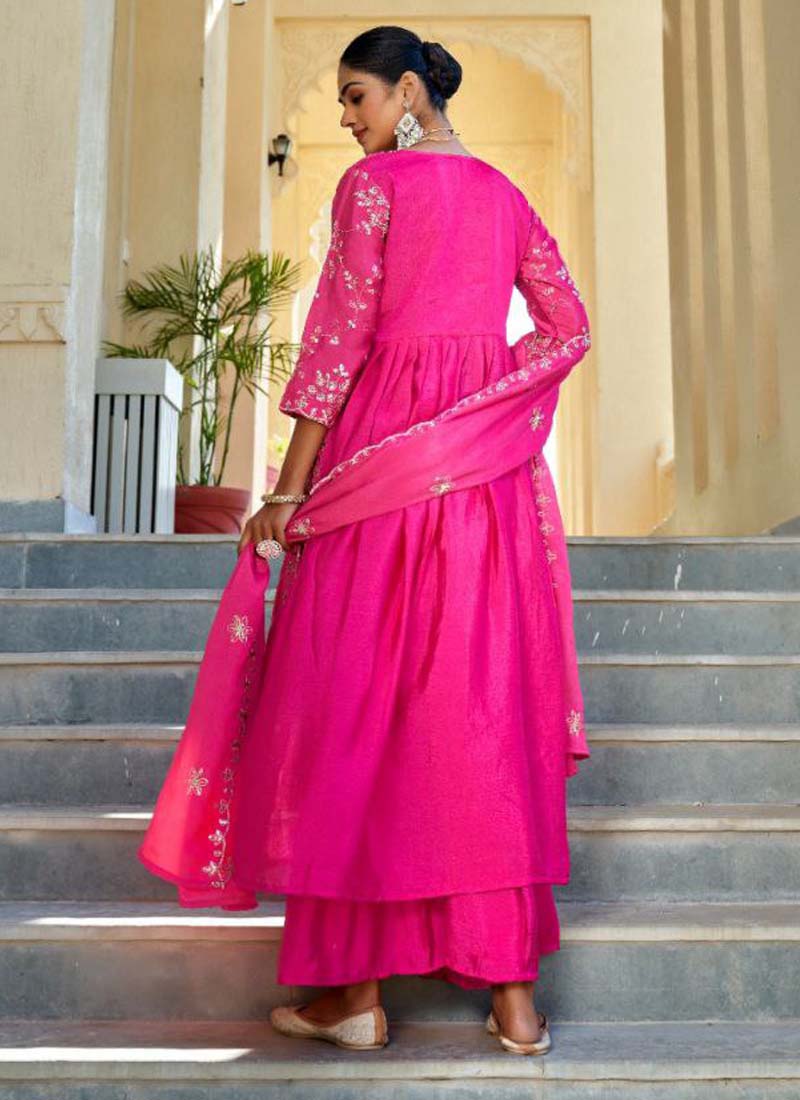 Prazu Fashion Rani Pink Chinon Silk Embroidered Nayra Cut Sharara Suit